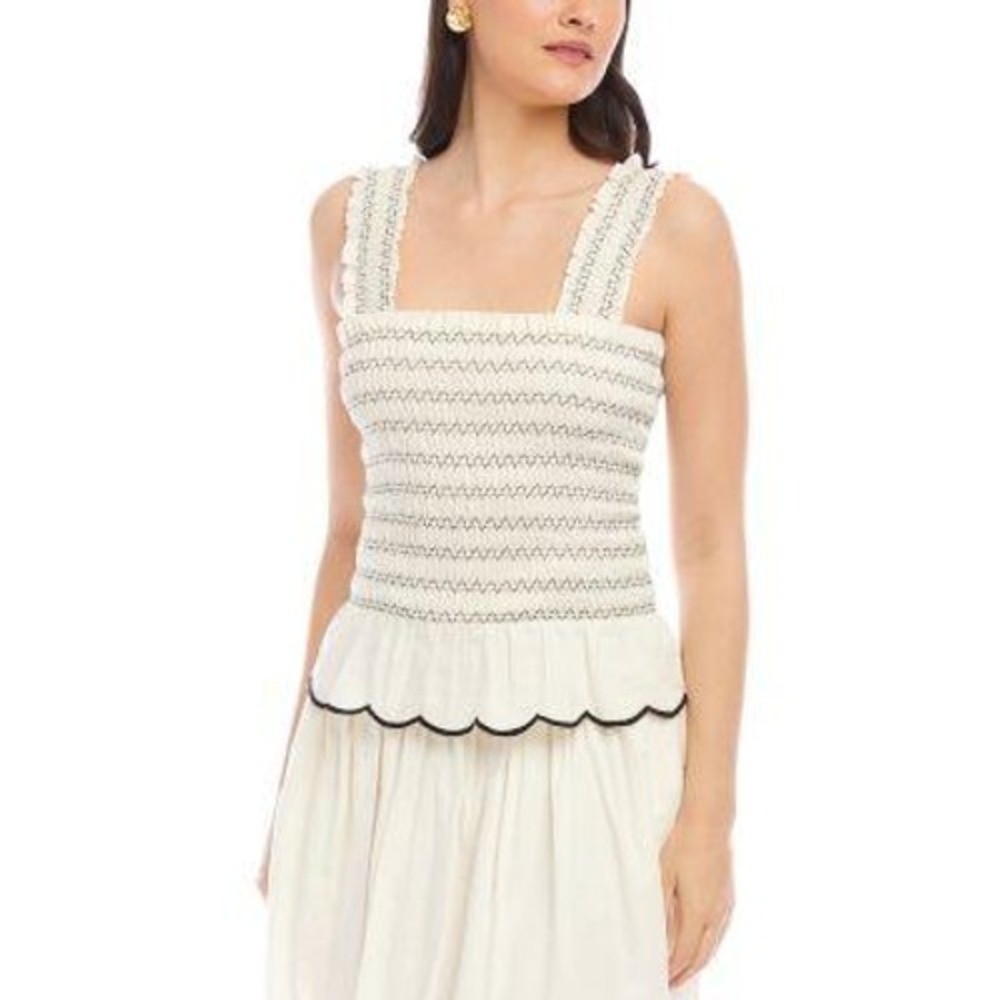 Fifteen Twenty Elliot Smocked Tank Top White Black Scallop Ruffle Sz L